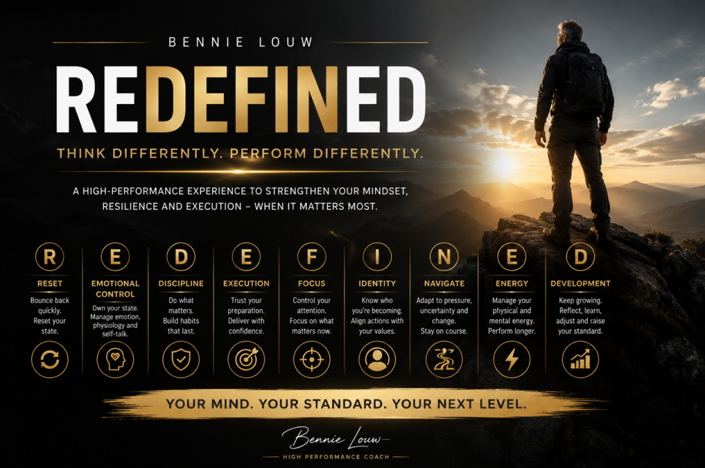 ReDefined – High Performance Program by Bennie Louw Bennie Louw ReDefined high-performance program focused on mindset, resilience, emotional control, discipline, focus and execution.